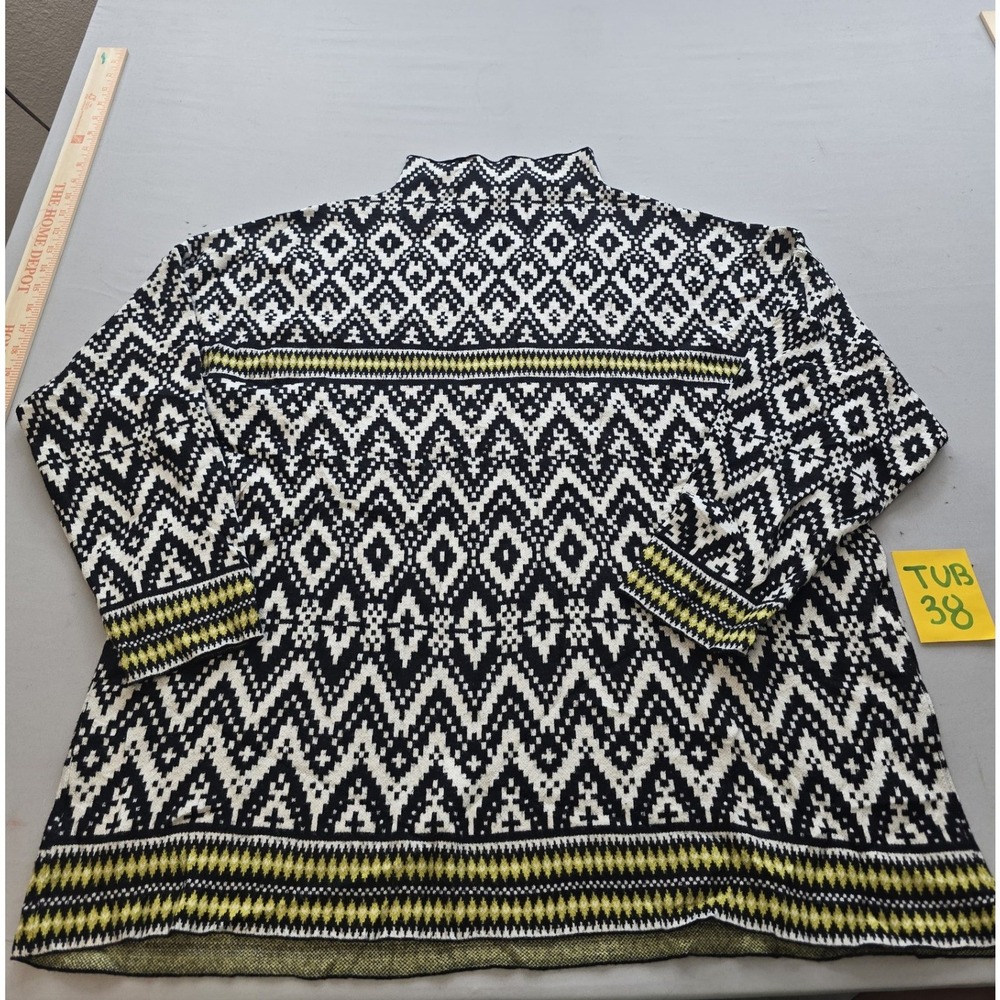 Tahari Womens 1X Mock Neck Geometric Jacquard Knit Sweater Black White Green